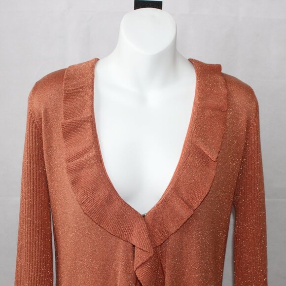 Nine West Woman Silk Blend Orange Metallic Fleck Clasp Front Cardigan Size 2X - Picture 2 of 11